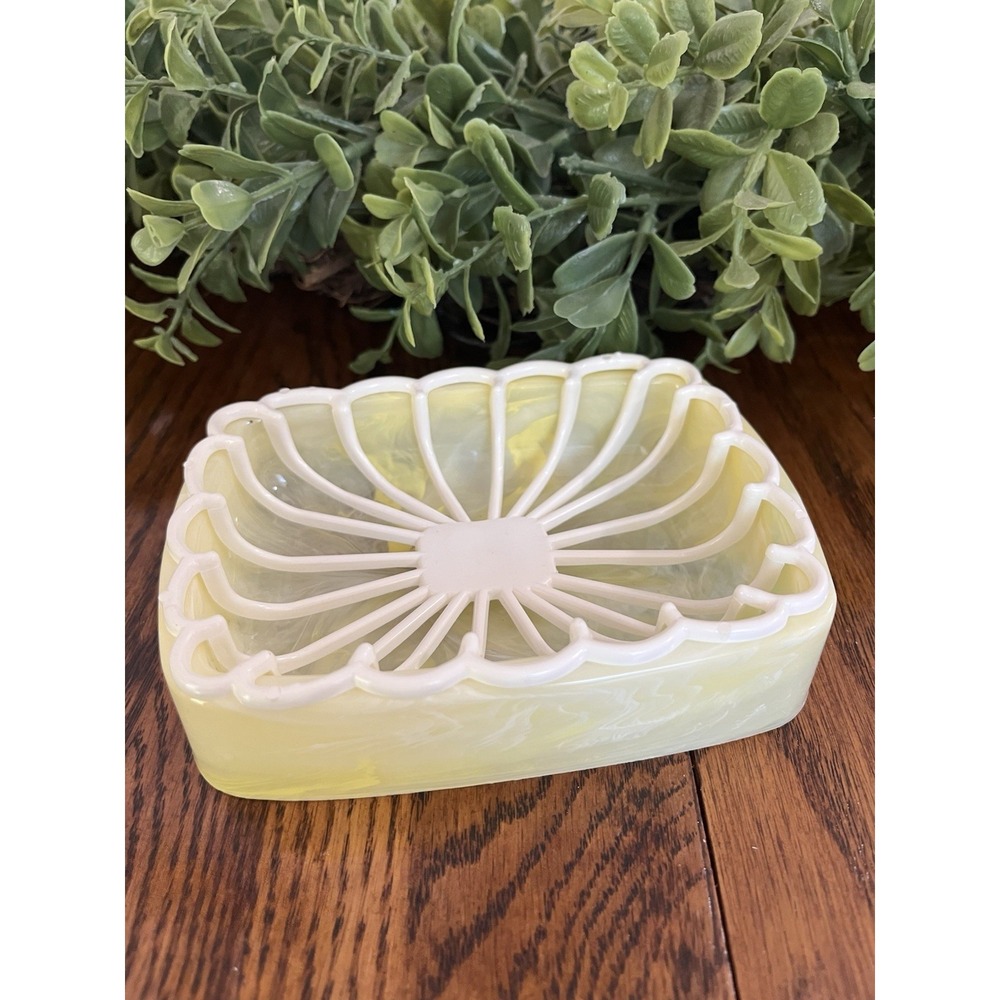 Vintage Yellow White Marbled Plastic Soap Dish Removable Drain Tray Retro New